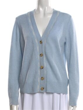 Veronica Beard Light Blue V-Neck Button Front Cashmere Cardigan Sweater L Preppy